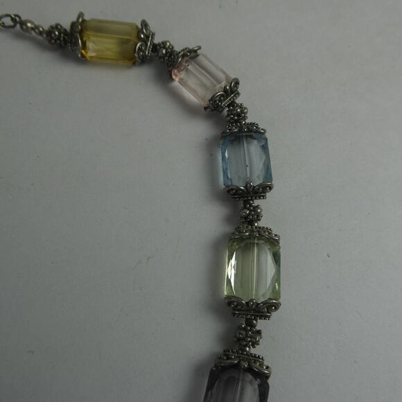 Pastel Rainbow Silver Tone Beaded Jeweled Station Necklace Pink Blue Yellow 18+" - Picture 5 of 7